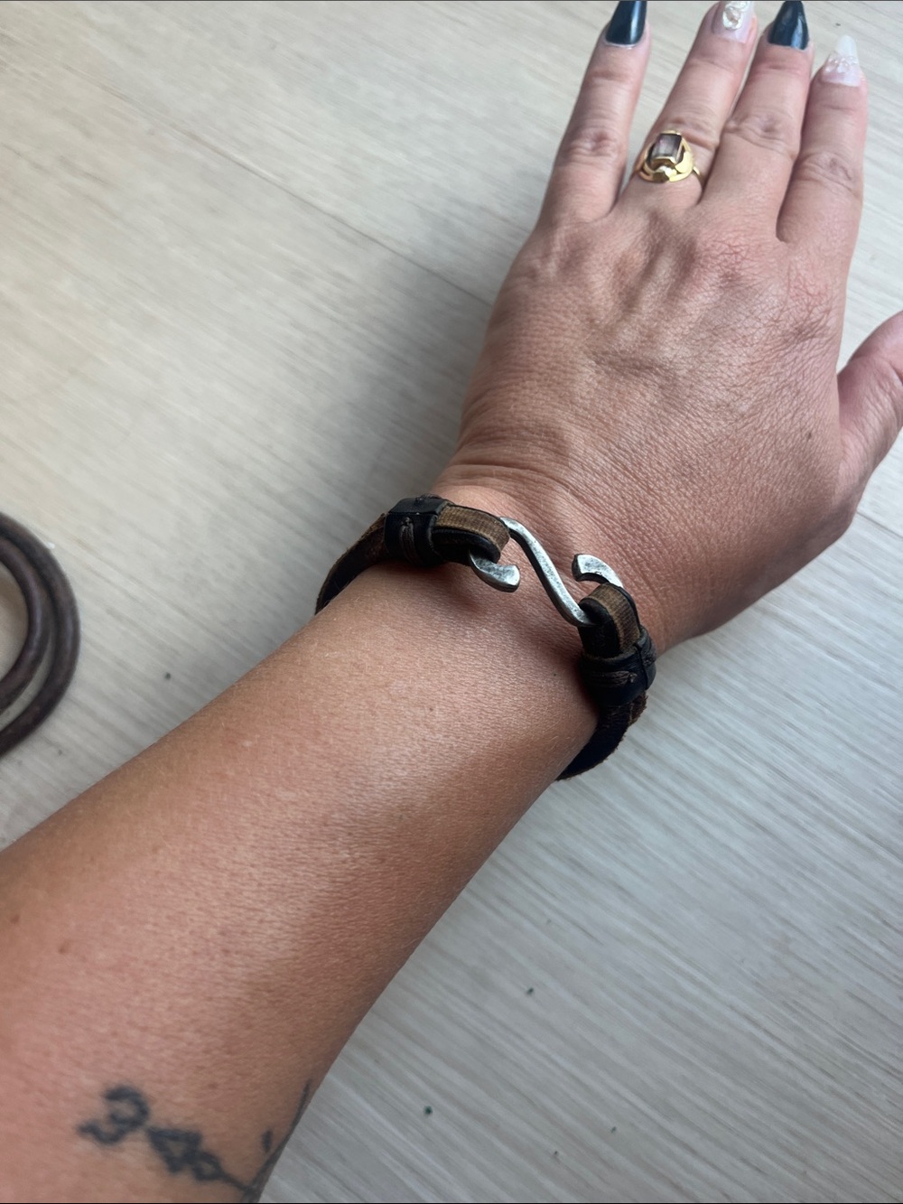 Black and Brown Leather Bracelet with Silver Hook